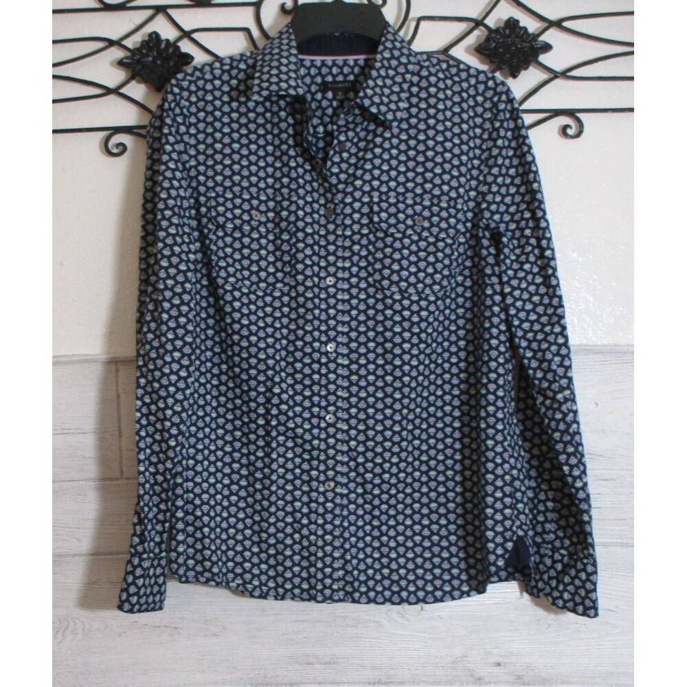 Talbots Women's Button Up Top Size 8 Long Sleeve Blue Geometric
